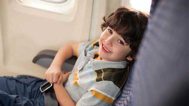 小男孩坐在飞机座位上.